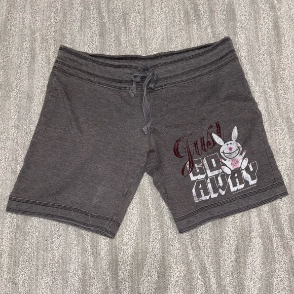 It’s Happy Bunny Pants - It’s Happy Bunny “Just Go Away” Y2K Shorts Drawstring Gray Graphic Junior Size S